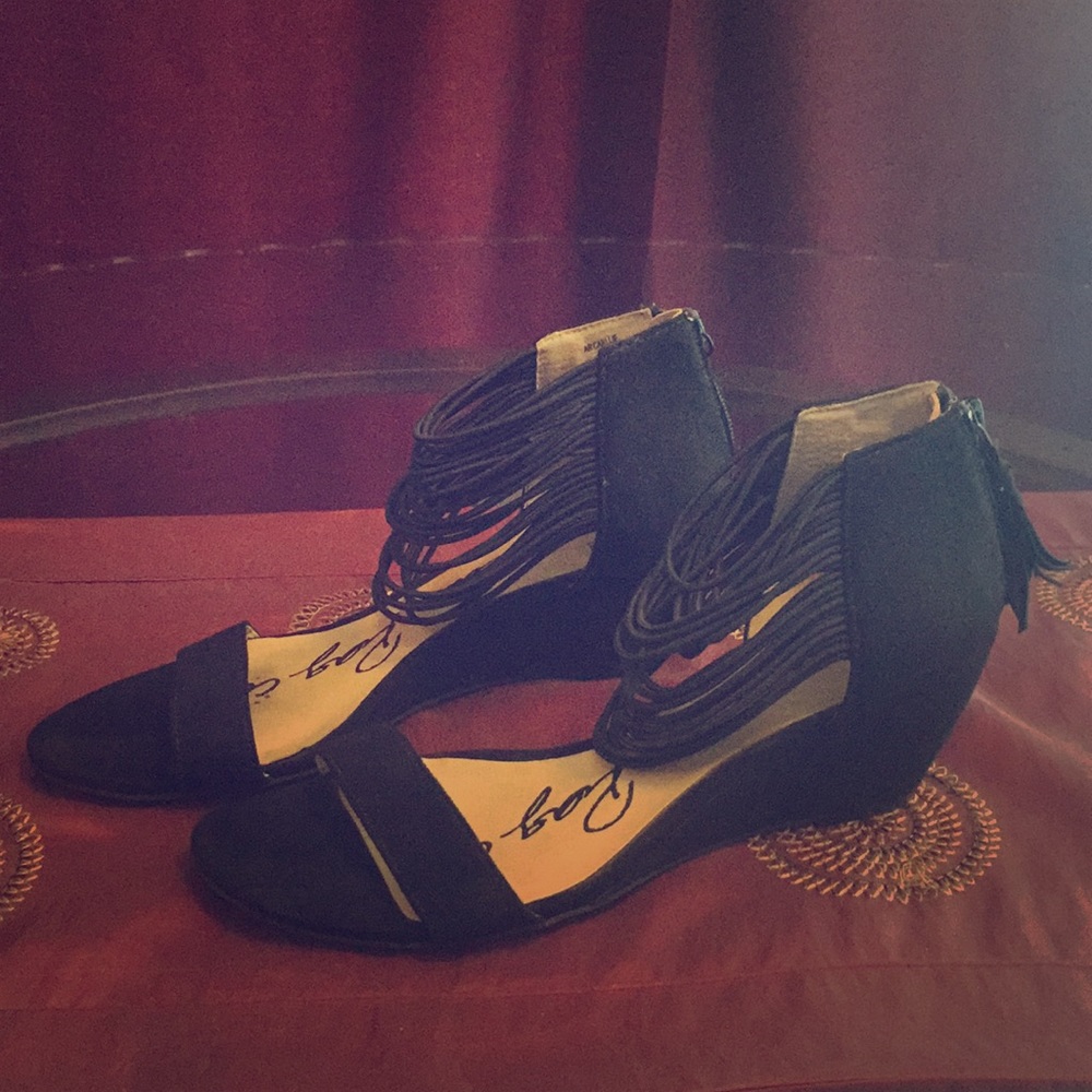 Strappy Black Wedge Tassel Heels